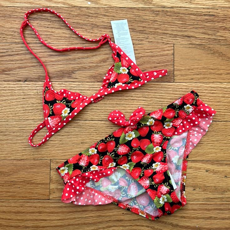 Excellent Condition Never Worn Super Cute Strawberry Print Us Size 6 Strawberry Print Swimwear For Spring Beach, Cute Adjustable Swimwear For Vacation, Spring Strawberry Print Swimwear For Beach, Red Swimwear For Summer Playwear, Cute Stretch Swimwear For The Beach, Summer Strawberry Print Swimwear For Beach Season, Cute Stretch Swimwear For Vacation, Fitted Strawberry Print Swimwear For Poolside, Cute Red Swimwear For Poolside