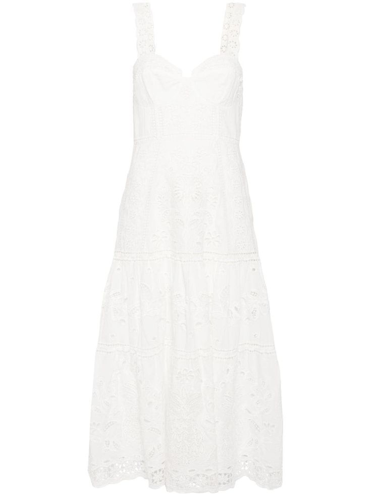 white cotton broderie anglaise sweetheart neck concealed rear zip fastening flared design mid-calf length curved hem Midi Dress White, Scalloped Trim, Farm Rio, White Midi Dress, Sweetheart Neck, The Farm, Dress White, Sweetheart Neckline, Mid Calf