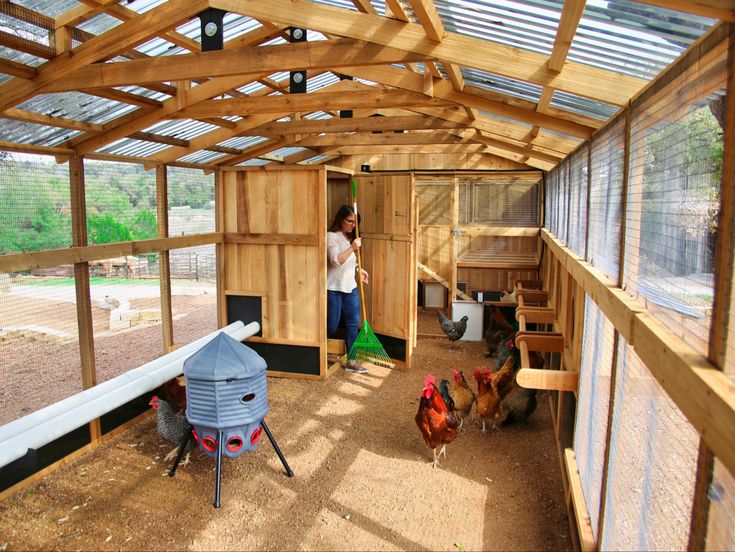 a woman standing in a chicken coop next to chickens