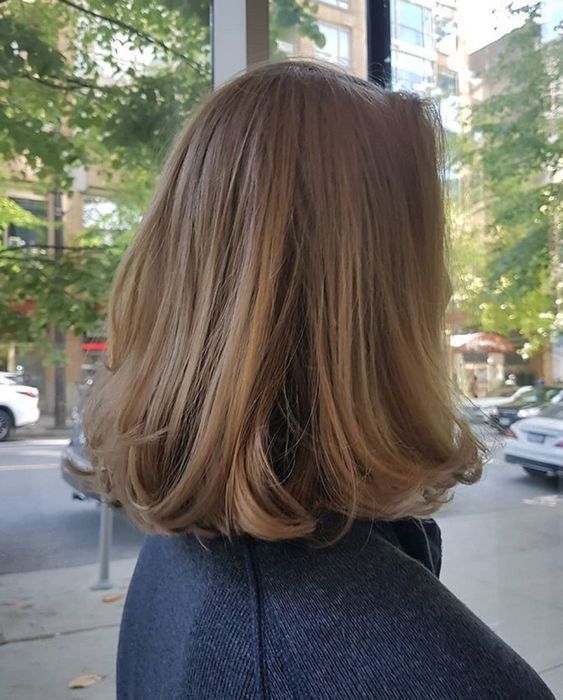 Brunette Lowlights Short Hair, Shorter In The Front Haircut, Lob With Long Layers Straight, Chin Length Hair Highlights, Dark Blonde Lob Straight, Soft Lob Haircut, Fall Classic Style, Short Hair Fall Outfits, 90s Short Blowout Hair