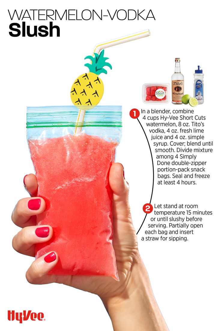 a hand holding a bag filled with watermelon - vodka and a pineapple on top