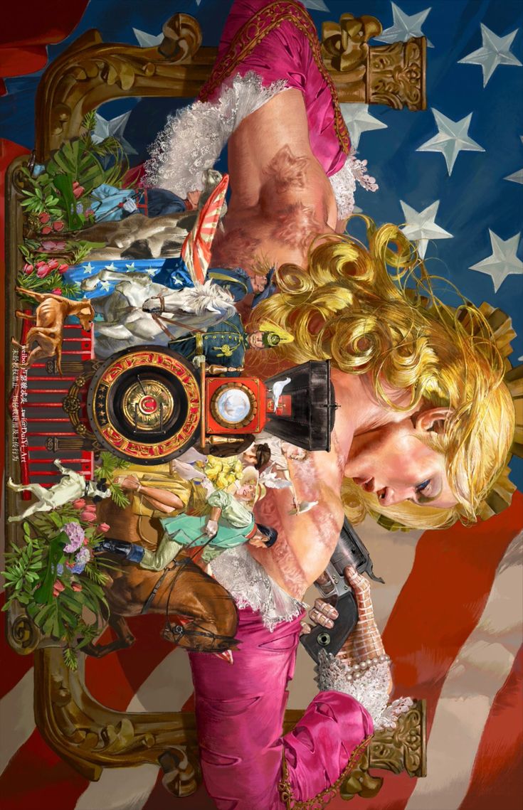 a painting of a blonde woman holding a camera in front of an american flag background