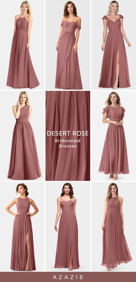 different styles of bridesmaid dresses in various colors and sizes, including one with an open