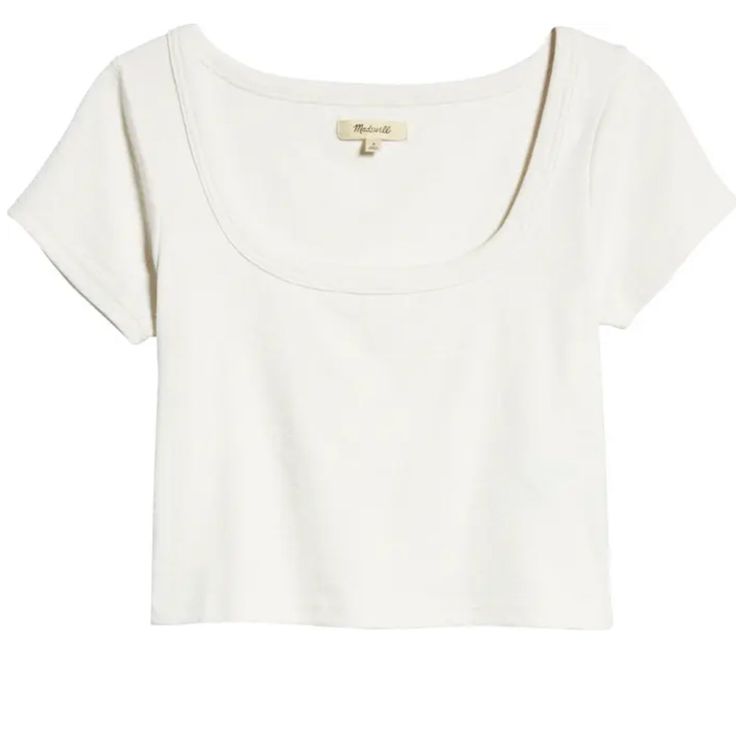 Madewell U-Neck Crop T-Shirt, Nwt. Originally Priced At $60.00. Details & Care Made Of A Soft, Drapey Fabric, This Tee Has A Relaxed Fit And A Scooped U-Neckline. Your Secret Weapon For The Hot Days To Come. 17" Length (Size Medium) U-Neck Cold-Shoulder Short Sleeves 58% Cotton, 39% Modal, 3% Elastane Machine Wash, Tumble Dry White Relaxed Fit Short Sleeve Top With Scoop Neck, White Cotton Scoop Neck Top, Everyday Cotton Short Sleeve Top With Scoop Neck, White Scoop Neck Top For Everyday, Round Neck Crop Top, Stretchy Crop Tops, Cutout Crop Top, Boxy Crop Top, Bell Sleeve Crop Top