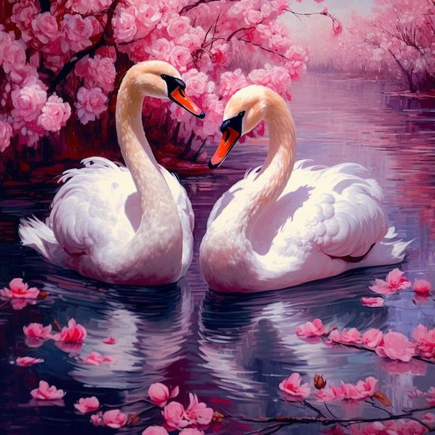 two swans are swimming in the water with pink flowers on the trees and behind them