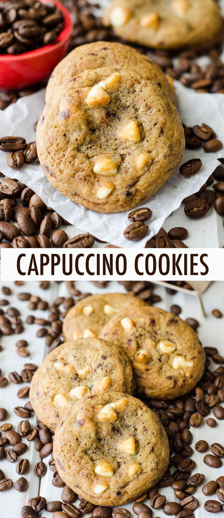 chocolate chip cookies with macaroni and cheese in the middle are on top of coffee beans