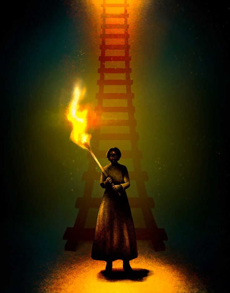 a woman holding a fire stick in front of a ladder that is lit up to the sky