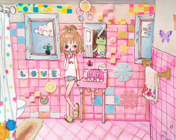 a drawing of a girl standing in a bathroom with pink tiles on the walls and floor