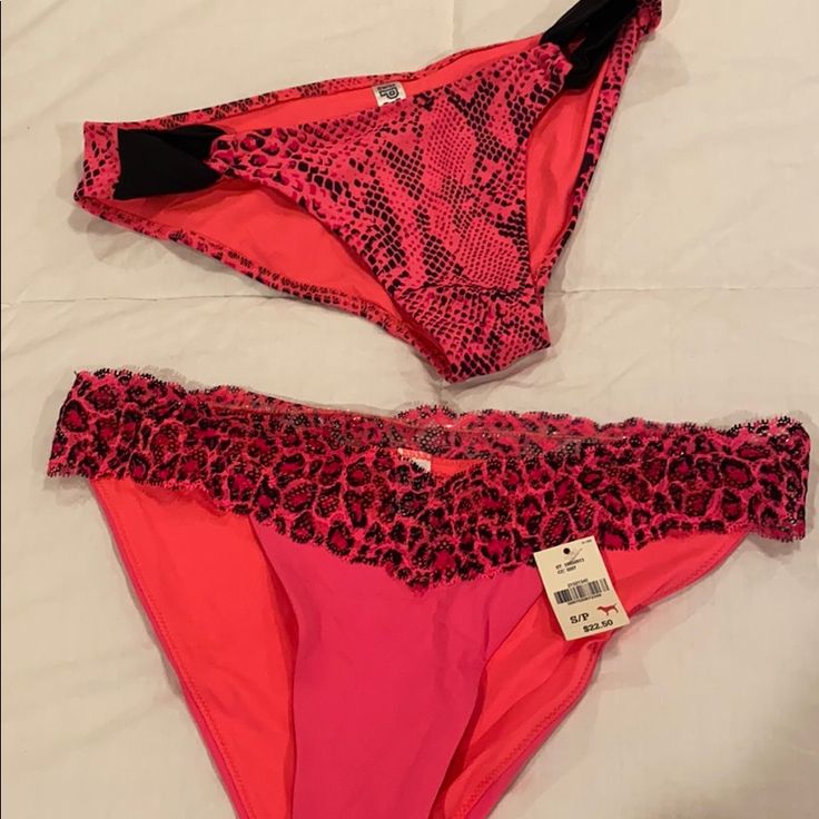 Set Of 2 Victoria’s Secret Pink Size Small Bikini Bottoms. One Is Brand New With Tags (Has A Lace Border Along The Top) And The Other Is Like New! Gorgeous Hot Pink Cheetah Print! Pink Stretch Tankini For Beach Season, Pink Stretch Tankini For Party, Pink Fitted Tankini With Tie-side Bottom, Fitted Pink Tankini With Tie-side Bottom, Fitted Pink Bottoms For Beach Season, Hot Pink Cheetah Print, Pink Cheetah Print, Pink Cheetah, Swim Sets