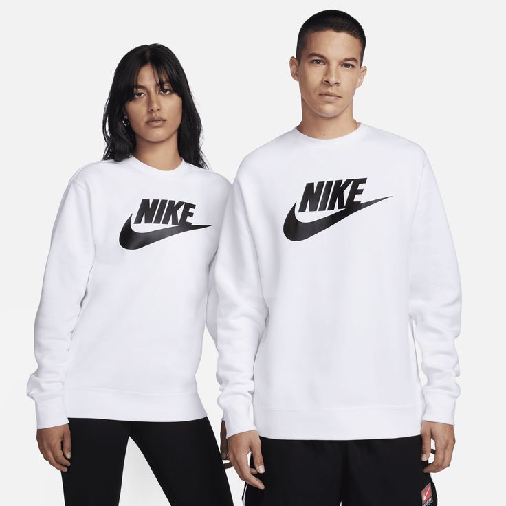 A closet staple, the Nike Sportswear Club Fleece Crew combines a bold Futura logo on the chest with the soft comfort of fleece for an elevated, everyday look. White Hoodie For Light Sports, Sporty Fleece Sweatshirt For Sports, Winter Athleisure Sweats With Logo Print, Urban Style Fleece Sweatshirt For Sports, Urban Fleece Sweatshirt For Sports, Nike Sweatshirt With Logo For Streetwear, Functional White Hoodie For Sports Season, Sportswear Sweats With Logo Print For Sports, Sports Sweats With Logo Print