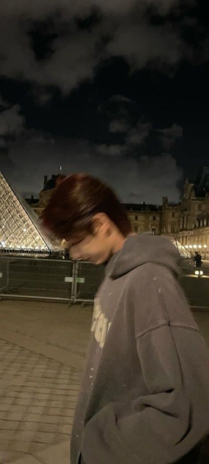 a woman in grey hoodie looking at her cell phone near the eiffel tower