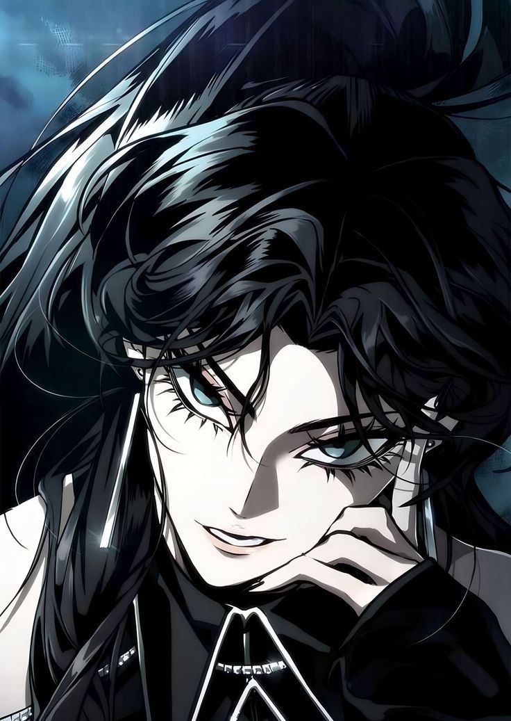 an anime character with long black hair and blue eyes, holding his hand to his face