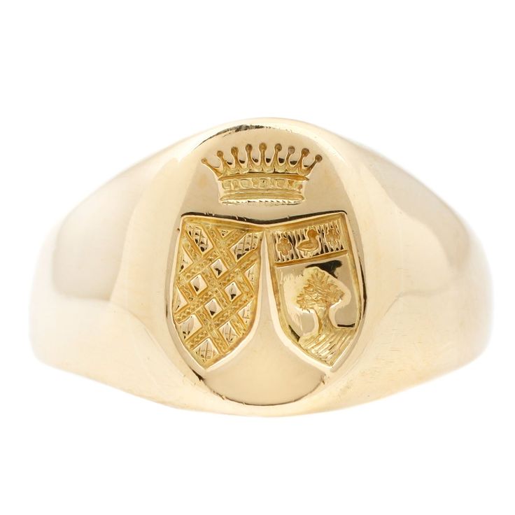 18k yellow gold vintage signet with an engraving of two crests under a crown. Setting measures 12mm at tallest point. Band width is 6mm tapering to 2mm at back. Size 6.25 in stock Please allow 1-2 weeks for resizing All resized rings are final sale Please make sure to have your correct ring size before ordering Rose Gold Eternity Band, Gold Bar Ring, Three Diamond Ring, Kite Ring, Bezel Set Diamond Ring, Canary Diamond, Diamond Signet Ring, Unique Rings Vintage, Artisan Rings