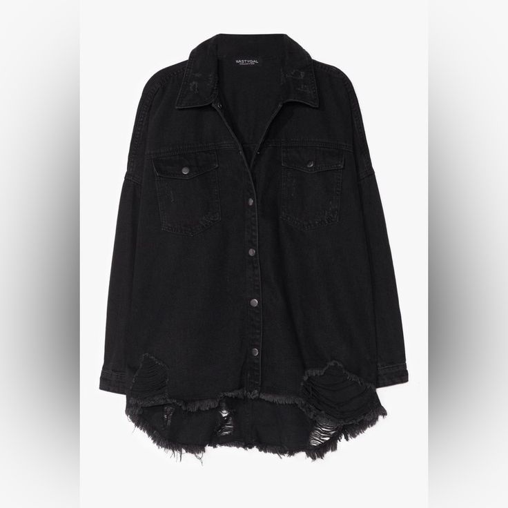 Nwt! Oversized Black Denim Jacket From Nasty Gal. Has Distressing All Over Throughout The Jacket. Snap Button Closure. Longer Line Oversized Fit. Size Medium. #Denimjacket #Denimshirt #Blackdenimjacket #Blackdenimshirt #Blackshacket #Distresseddenimjacket #Longdenimjacket #Oversizeddenimjacket #Nastygal #Dollskill #Grunge #Hottopic #Americaneagle #H&M #Oversizedjacket #Truckerjacket Grunge Cotton Outerwear With Frayed Hem, Oversized Distressed Grunge Outerwear, Oversized Distressed Denim Jacket In Edgy Style, Oversized Edgy Cotton Denim Jacket, Oversized Edgy Distressed Denim Jacket, Edgy Oversized Distressed Denim Jacket, Distressed Edgy Oversized Outerwear, Edgy Oversized Distressed Outerwear, Long Sleeve Outerwear With Frayed Hem For Streetwear