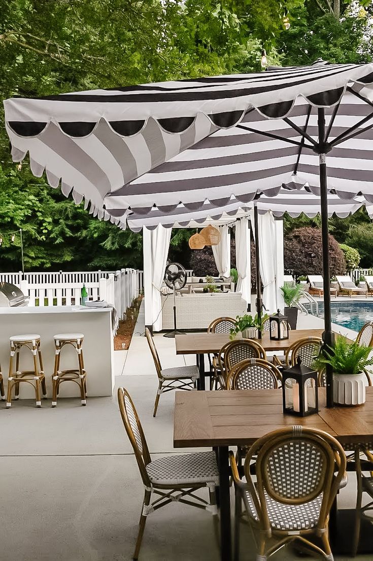 an outdoor dining area with tables, chairs and umbrellas on the patio next to a swimming pool