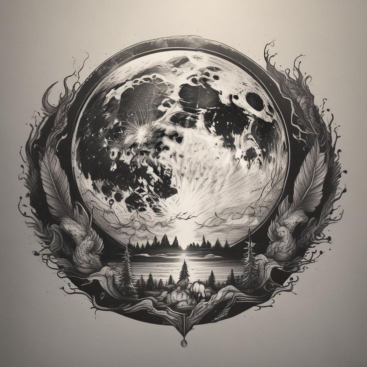 a drawing of a full moon with trees in the background