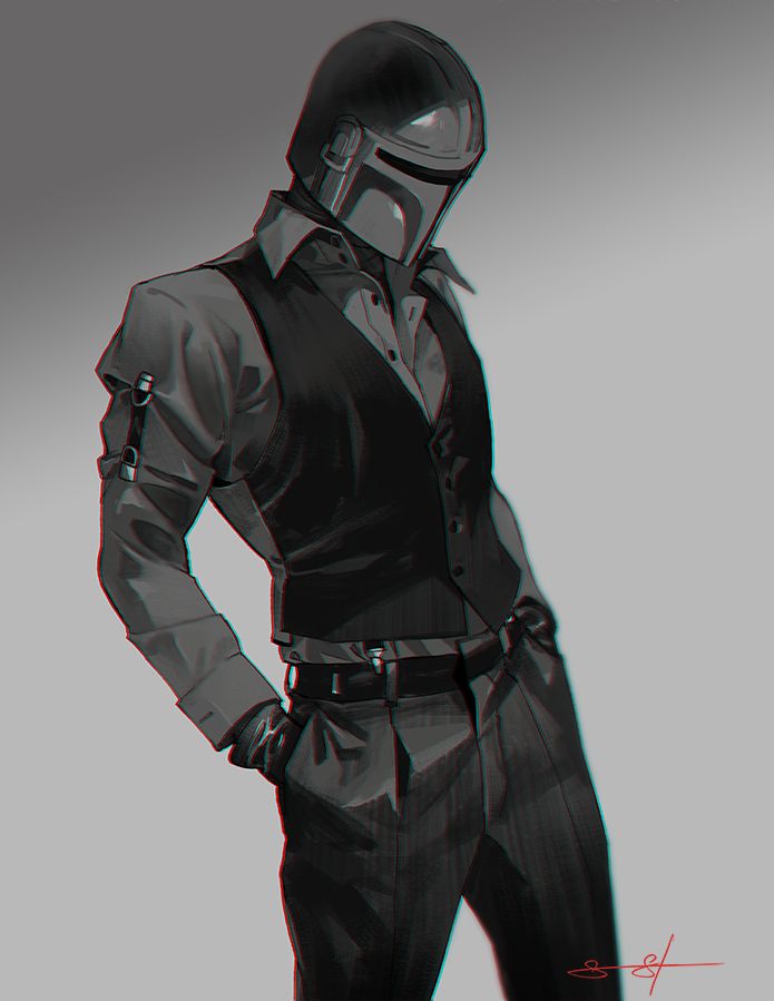 a drawing of a man in a suit and helmet standing with his hands on his hips