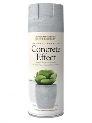 a can of concrete effect paint with green leaves on the top and bottom, in white