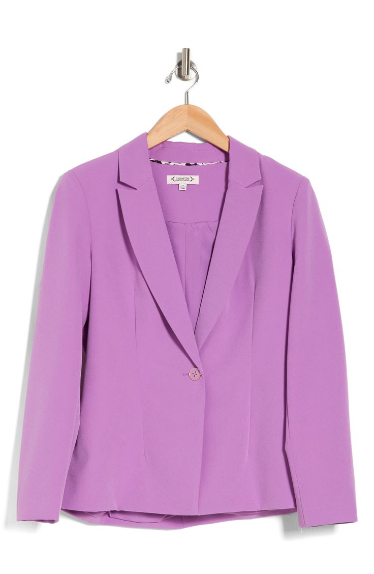 Bring a pop of color to your wardrobe with a classic one-button blazer fashioned with notched lapels for polished style. 26" length One-button closure Notched lapels Lined 96% polyester, 4% spandex Dry clean or hand wash, line dry Imported Model stats: 5'10" height, 32" bust, 25" waist, 36" hip. Model is wearing size 4. Spring Single Button Flat Front Blazer, Spring Single Button Blazer With Notch Lapel, Spring Blazer With Single Button And Notch Lapel, Spring Single Breasted Flat Front Blazer, Spring Single Breasted Blazer With Flat Front, Chic Purple Blazer With Notch Lapel, Spring Tailored Career Blazer, Purple Spring Formal Blazer, Purple Formal Blazer For Spring