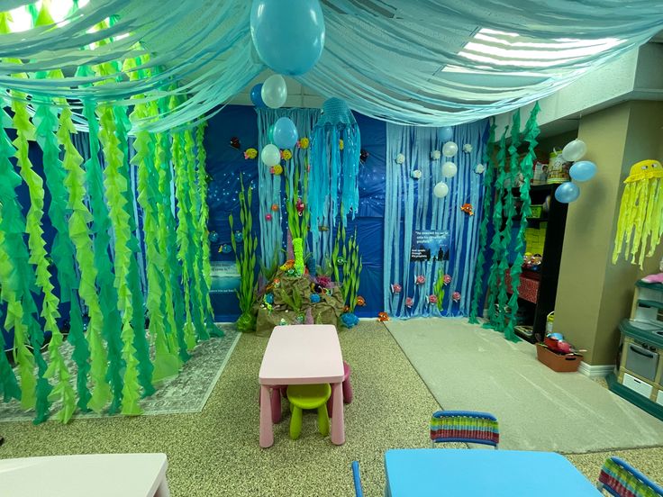 a room filled with lots of blue and green decorations on the walls, tables and chairs