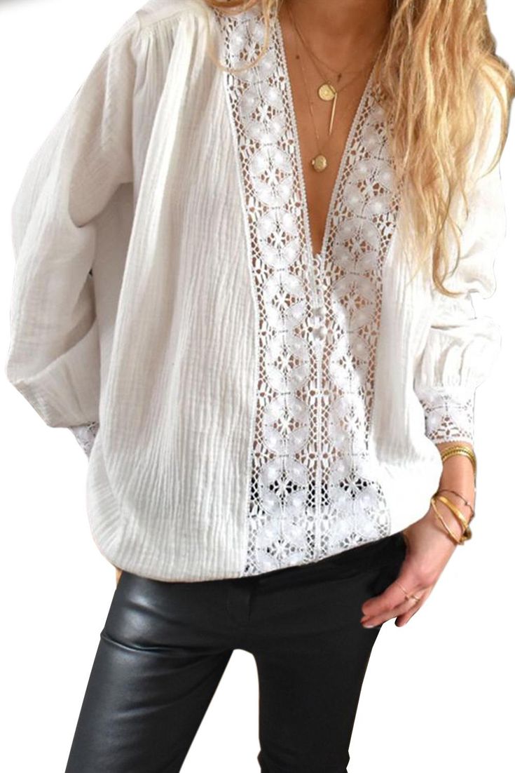 White Deep V Neckline Crochet Lace Blouse Chic V-neck Crochet Top For Fall, Spring V-neck Blouse With Crochet Lace, Spring V-neck Blouse With Lace Collar, Chic Lace Patchwork Tops For Spring, Chic V-neck Crochet Top For Day Out, V-neck Blouse With Lace Patchwork For Fall, Chic V-neck Blouse With Lace Collar, Feminine Long Sleeve Top With Crochet Lace, Chic V-neck Blouse With Crochet Trim