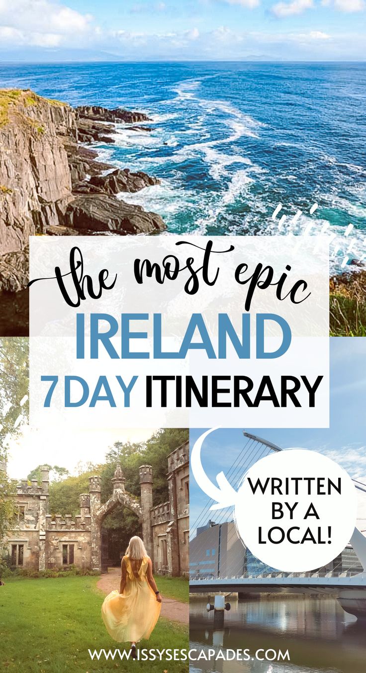 destinations from a 7 day ireland itinerary - waves crashing against cliffs on slea head,  girl in yellow dress walking towards a dreamy castle, and the modern samuel beckett bridge in dublin reflected in the river liffey under blue skies. Ireland Road Trip Itinerary, Galway Girl, Ireland Road Trip, Ireland Itinerary, Ireland Tours, Visit Dublin, Travel Ireland, Ireland Travel Guide, Ireland Trip