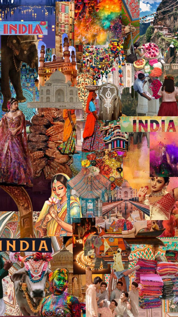 an image of india collage with many different things in the background and people standing around it