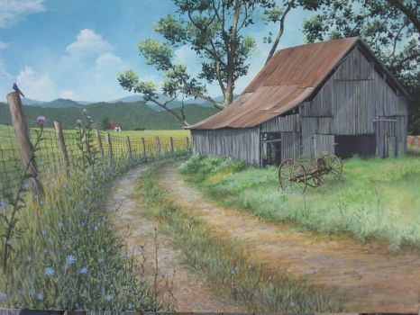 a painting of an old barn in the country with a dirt path leading to it