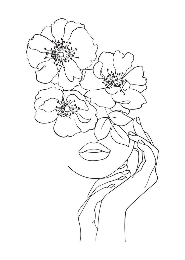 a line drawing of a woman's face with flowers in her hand