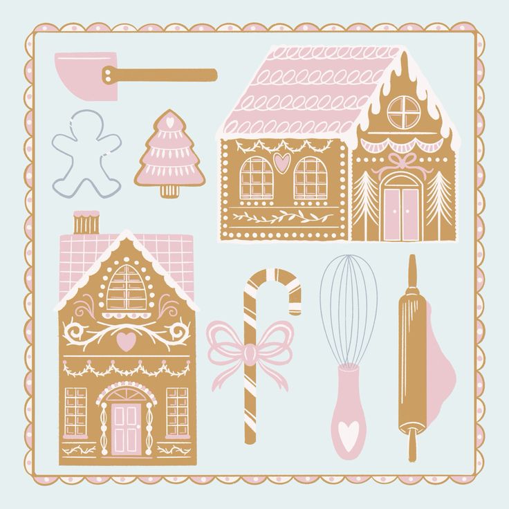 Pretty gingerbread illustration with houses, cookie cutters and baking tools. Available for art licensing. Gingerbread Cookies Packaging, Vintage Gingerbread House Illustration, Food House Illustration, Cute Gingerbread House Drawing, Gingerbread House Designs Drawing, Christmas Gingerbread Illustration, Gingerbread Illustration Christmas, Ginger Bread Illustration, Painting Gingerbread Houses