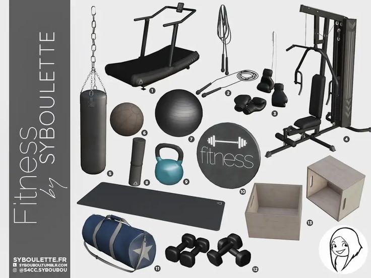 an assortment of gym equipment including dumbbells, kettles, and exercise balls