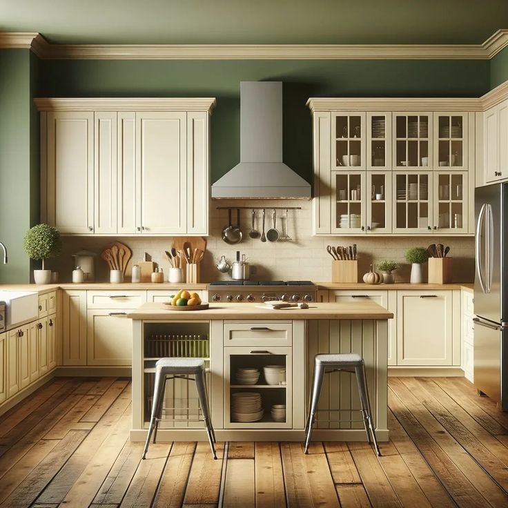 a kitchen with green walls and white cabinets is pictured in this image, there are two stools at the center of the island