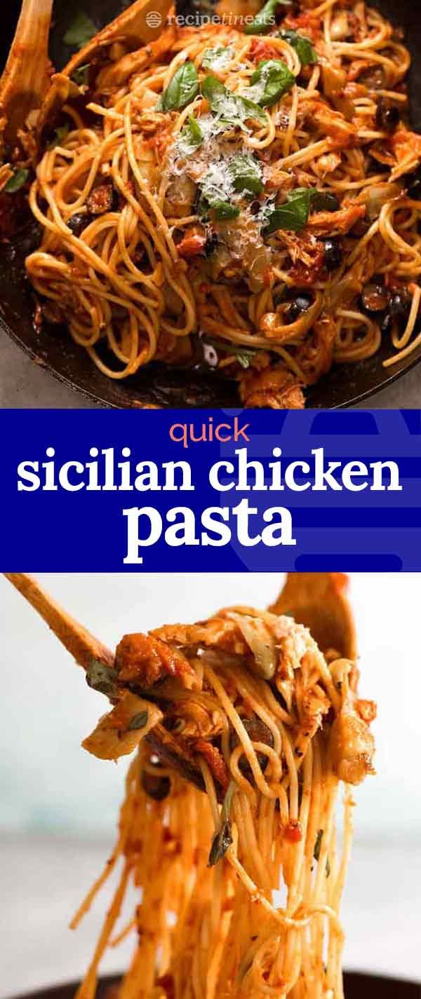 two pictures of spaghetti being cooked in a skillet with the words, quick sicilian chicken pasta