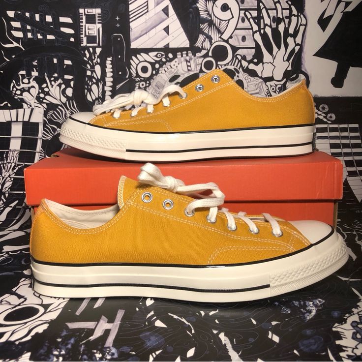 New With Box Best Offer Style: 162063c Color: Sunflower / Egret / Black Size: M 13 / W 15 / Uk 13 / Eu 48 / 31.5 Cm Features Heavy-Grade Canvas Upper, White Laces, Removable Ortholite Cushioned Insole And Vulcanized Rubber Sole Not Actual Item Pictured But You’ll Receive One In The Same Condition Ships Double-Boxed Thanks For Viewing! Mustard Converse Lace-up Sneakers, Mustard Converse Sneakers For Streetwear, Converse Mustard Sneakers With Round Toe, Mustard Converse Sneakers With Round Toe, Retro Yellow Sneakers With Vulcanized Sole, Vintage Yellow High-top Sneakers, Retro Mustard Low-top Sneakers, Vintage Yellow Sneakers For Streetwear, Yellow Retro Lace-up Sneakers