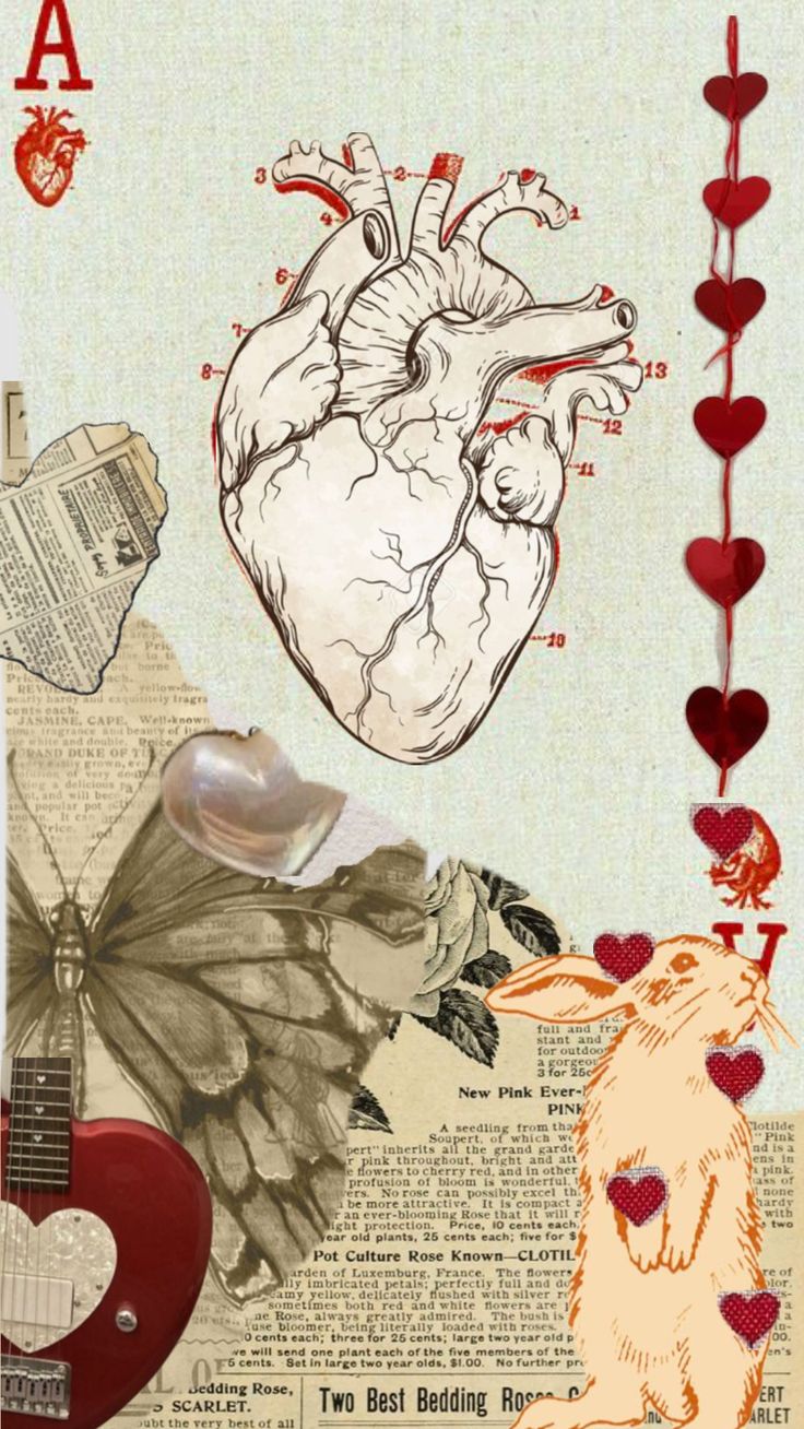 an altered collage with hearts and other items