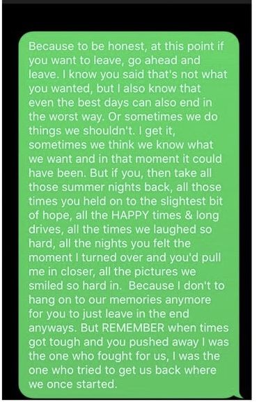 a text message written in green on a black background with the caption'because to be honest, at this point if you want to leave to leave, go ahead and not