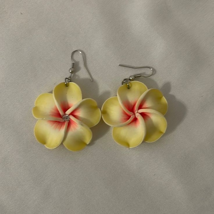 Plumeria Earrings Casual Handmade Yellow Earrings, Flower-shaped Earrings For Vacation, Yellow Earrings For Beach With Pierced Ears, Adjustable Flower Earrings For Vacation, Casual Yellow Earrings Perfect For Gifts, Casual Yellow Earrings For Gift, Yellow Hoop Earrings For Summer Beach, Elegant Yellow Flower Earrings For Summer, Yellow Dangle Earrings For Beach