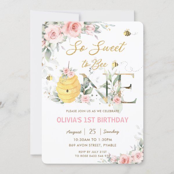 the sweet bee 1st birthday party card is shown with pink flowers and gold foil lettering