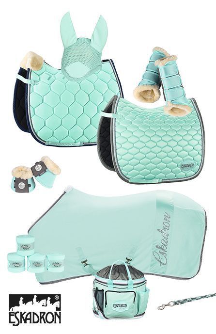 a set of horse saddles and boots with matching accessories in mint green, including a bag