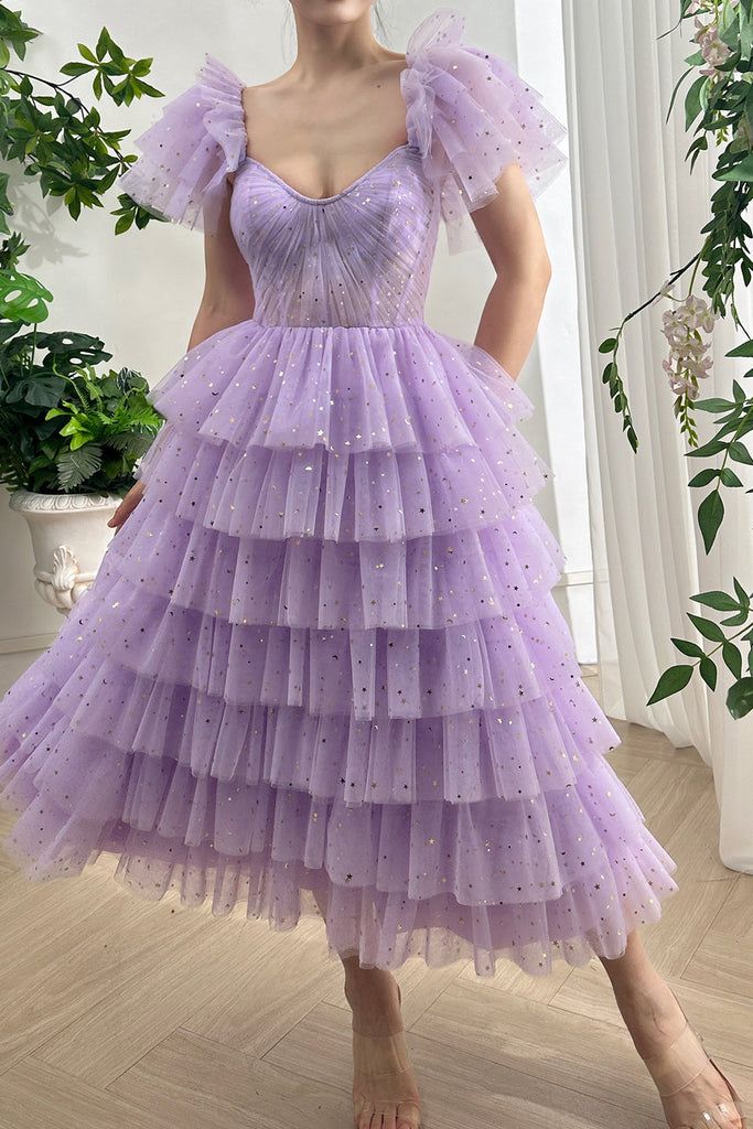 Corset Straps Tiered Star Tulle Lavender Midi Dress Lavender Midi Dress, Patterned Bridesmaid, Silhouette Dress, Lavender Tea, Prom Party, Gorgeous Gowns, Tea Length, Summer Accessories, Pitcairn Islands