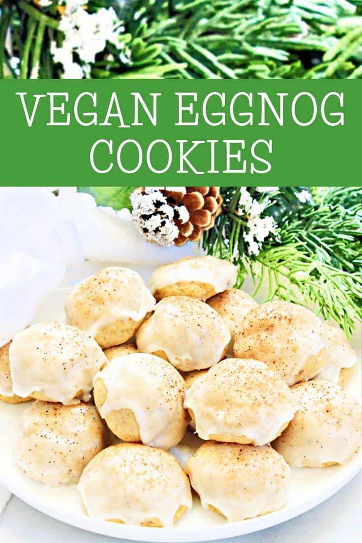 vegan eggnog cookies on a plate with pine cones