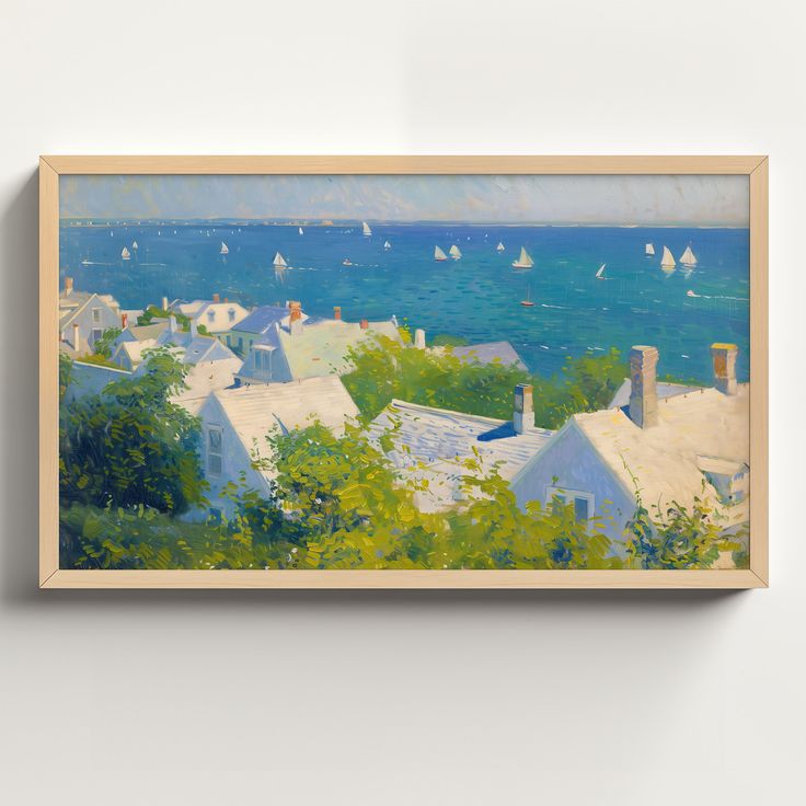 a painting hanging on the wall with boats in the water and houses by the shore