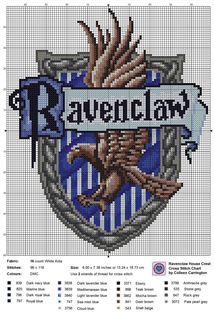 a cross stitch pattern with the name ravenclaw on it and an eagle in front