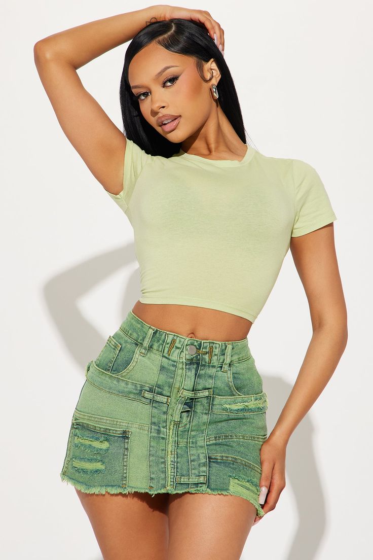 Available In Lime, Black, White, Red, Navy, Chocolate, Mauve, Orchid, Heather Grey, Sage, Olive, Light Blue, And Yellow. Crew Neck Short Sleeve Cropped Stretch 95% Cotton 5% Spandex Imported | Anna Crew Neck Crop Top in Lime size Small by Fashion Nova Neck Crop Top, Basic Tops, Black White Red, Womens Bodysuit, Womens Clothing Tops, Fashion Nova, Short Sleeves Tops, Heather Grey, Crop Top