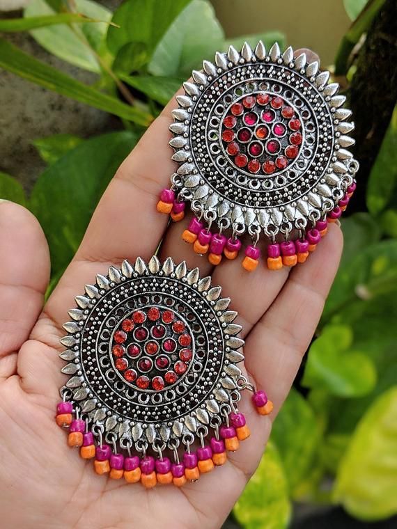 Afghani earrings bohemian beads earrings oxidised | Etsy Handmade Alloy Earrings For Party, Bohemian Festive Jhumkas, Bohemian Alloy Jewelry For Party, Oxidized Finish Chandbali Hoop Earrings, Bohemian Drop Jhumkas For Festivals, Bohemian Red Jhumkas With Latkans, Bohemian Jhumkas As A Gift, Festive Oxidized Finish Hoop Earrings, Temple Jewelry Festival Earrings With Latkans