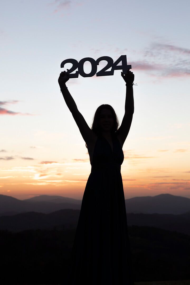 a woman in a dress holding up a sign that says 2012 above her head at sunset