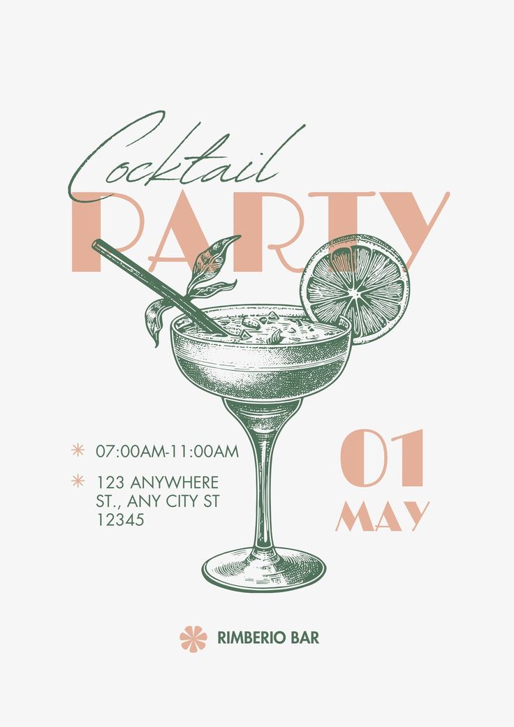 a cocktail party poster with an orange slice and garnish on the rims