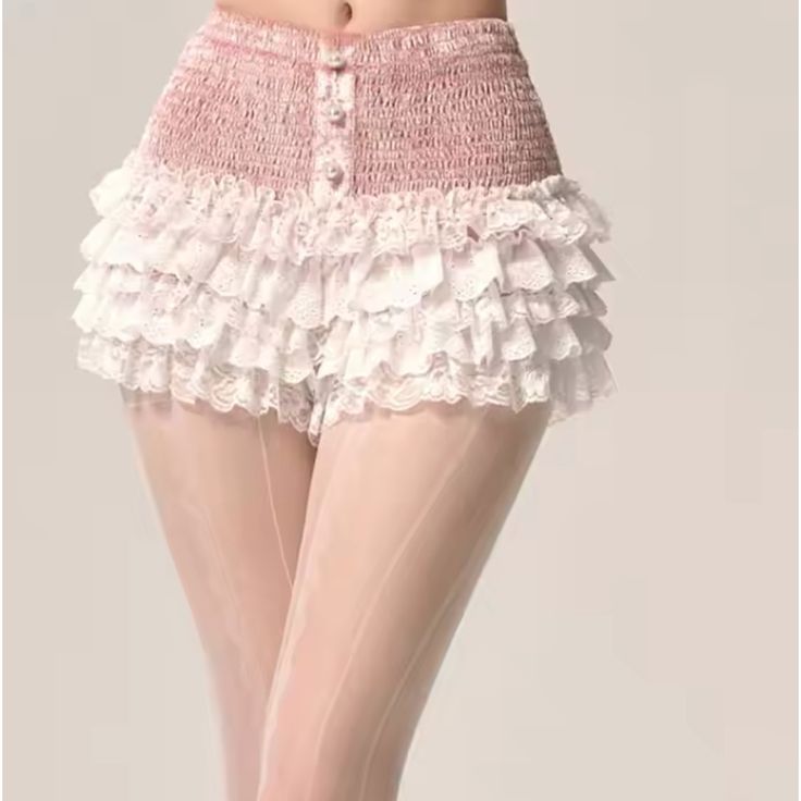 Ruffle Shorts Size M Super Stretchy To Fit And Get On But It Also Snugs And Hugs The Waist Material: Polyester Color: Pink Cute Pink Spring Bottoms, Feminine Stretch Short Bottoms, Feminine Stretch Bottoms Short Length, Cute High-waisted Ruffled Bottoms, Cute Stretch Bottoms With Ruffles, Pink Stretch Ruffles Bottoms, Cute Stretch Pink Bottoms, Cute Pink Stretch Bottoms, Stretch Pink Ruffled Bottoms