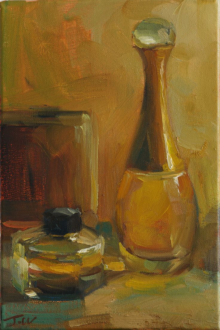 an oil painting of a vase and other items on a table top with a brown background