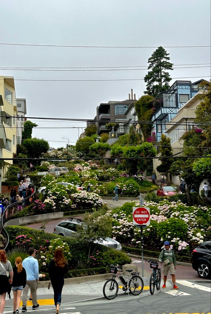 many people are walking down the street in front of some buildings and flowers on the hill